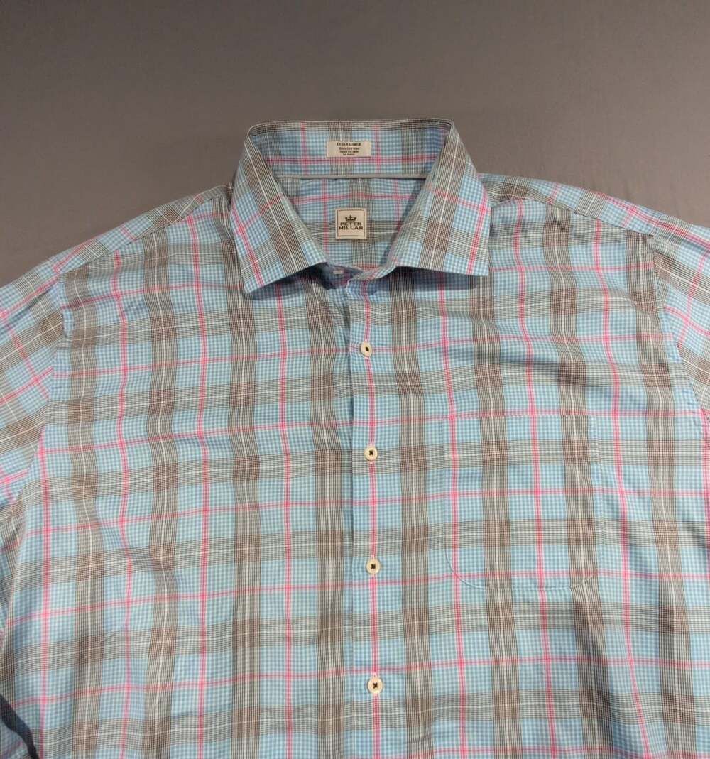 Peter Millar Long Sleeve Button Down Shirt Extra Large Blue Pink Plaid Classy